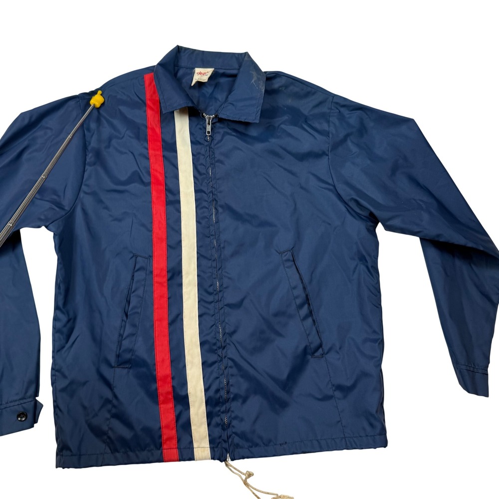Vintage Cintas Navy Blue Racing Stripe Work Jacket Mens Medium Nylon Zip Up